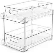 2 Tier Pull Out Storage Organizer, Cabinet Drawers Bins with Track, 2 Pack Clear Under Sink Vanity Counter Container for Pantry, Bathroom, Kitchen Storage and Organisation(COLOR:clear.)