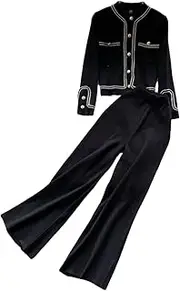 [Generic] Women Sweater Cardigan Crop Top + Wide Leg Pant Suits Tracksuit 2 Piece Sets Casual Knit Two Piece Set