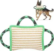 Dog Training Bite Pillow Linen Green Tug Toy with 3 Handles, Tough Tug Toy for Medium to Large Dogs Interactive Playing, Ideal for Tug of War, K9, IPO, Puppy Training (11 Inch × 7.8 Inch)