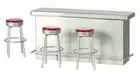 Dolls House Silver Breakfast Bar Counter & Red Stools Cafe Kitchen Furniture