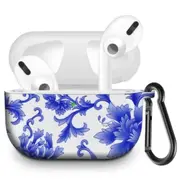 Apple Airpod Pro Case - Cute Fiery Floral Boho Art Design Protective Shockproof Silicone Cover With Keychain Carabiner - Supports Wireless Qi Charging for Airpods Pro Generation 1 - Blue Orientals