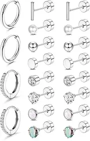 [FASHGOOD] Small Flat Back Earrings for Women Men Hypoallergenic 14K Gold Plated Surgical Steel Earring Sets for Multiple Piercing Screw Back Stud Earrings Cartilage Hoop Huggie Earrings 10Pairs