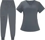 [Tadill] Women Scrubs Suit Set Nurse Work Clothing Machine Washable Workwear Nurses Week Gift, Gray, L