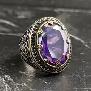 Men Oval Purple Amethyst Zircon Gemstone Silver Ring , Purple Stone Silver Ring
