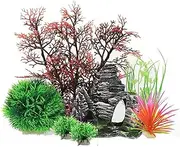 Aquarium Fish Tank Plastic Plants and Cave Rock Decorations Decor Set 7 Pieces, Fish Tank Accessories Aquarium Decorations Rock Plants, Small and Large Artificial Fish Tank Plants with Cave Rock