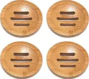 4PCS Bamboo Soap Dish 3.2 Inch Natural Round Soap Tray with Drainage Holes, Non-Slip Shower Steamers Holder for Bathroom & Sink