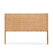 Natural Tan Woven Leather Solid Teak Wood Queen Size Bed Head Headboard