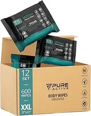 Body Wipes for Adult Bathing XXL 12''x 12'' - Shower Wipes for Camping, Biodegradable Personal Hygiene Cleansing for Women and Men After Gym Travel - 600 Pack