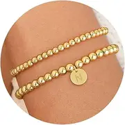 [Honsny] Gold Beaded Bracelet for Women 18K Gold Plated Initial Bracelets Dainty Stack Stackable Non Tarnish Bracelets Set Adjustable Letter A-Z Charm Bracelet for Women Trendy Gold Jewelry Gifts