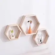 Hexagon Wooden Shelves Set of 3 Geometric Floating Wall Shelf Rustic Brown Honeycomb Design for Bedroom Living Room Office - Small, Medium, Large(Original Wood Colour)