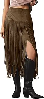 [Locachy] Womens Faux Suede Fringe Trim Midi Skirt Casual High Waist Bodycon Skirt