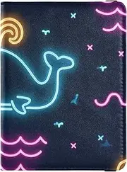 [Amooorous] Summer Neon Whale Wave Black Leather decorative passport holder for travel women Travel Documents Organizer Protector Passport Case Lightweight, Summer neon Whale wave black, 1 size