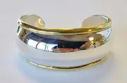 SOLID STERLING SILVER .925 DOMED SHAPE CUSTOM MADE BANGLE BRACELET BRASS TRIM