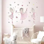 Giyiprpi 3 Pink Ballerina Baby Girls Wall Stickers, Removable Lovely Ballet Girls with Butterfly Wall Decals, Little Princess Wall Art Decor for Girls Bedroom Living Room Dance Room