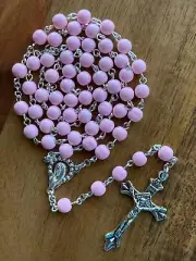 Pink Colour Glass Bead Silver Holy Rosary for Catholic Prayers / Church / Gift