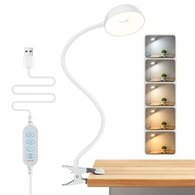 【Clip on Lamp】 10-Level Dimming & 5 Color Modes LED Book Light, Flexible White