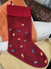 NEW Pottery Barn Crewel Embroidered LIGHTS Christmas RED stocking NO MONO