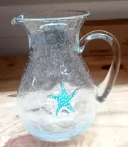 Handblown Mexican Glass Pitcher. Teal Rim. Bubbles in Glass. 9.5” tall