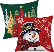 Christmas Pillow Covers 45cm 18x18Inch 2Pcs Snowman Christmas Cushion Covers Decorations Red Green Yuletide Decorative Cushion Covers Winter Holiday Decor Throw Cushion Case for Home Couch(Xmas Tree)