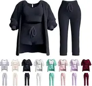 [Generic] Plush and Comfortable Ladies' Home Clothes Autumn Suits Casual Pajamas Set Comfortable Knitted Suit 3/4 Pieces, Black-4, Small
