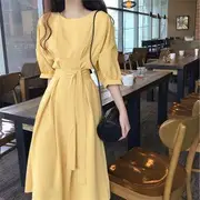 Balloon-Sleeve Tie-Front Midi A-Line Dress Yellow - XL