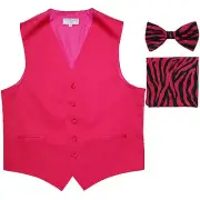 New Men's Formal Vest Tuxedo Waistcoat hot pink ZEBRA Bowtie & Hankie set prom