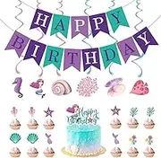 Mermaid Birthday Party Decorations Set, Happy Birthday Banner, Cake Topper, Cupcake Toppers, Purple and Teal Ocean Theme, 15 Pieces
