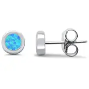 Bezel Set Round Blue Opal Stud .925 Sterling Silver Earrings