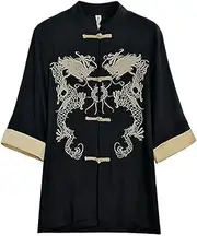 [JIMINISO] Black Gothic Tang Suit Shirt Dress for Women Chinese Traditional Blouse Single Breasted Dragon Embroidery Jacket Coat