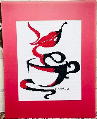 Handmade Coffee Lip Mug Complete Finished Counted Cross Stitch