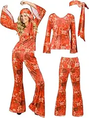 SlowTon 60s 70s Disco Costume Women - 3PCS Hippie Costumes Set 70s Disco Outfit with Long Sleeve Top Flared Pants and Headband, Vintage Style Clothings for Fancy Dress Cosplay Carnival Disco Party