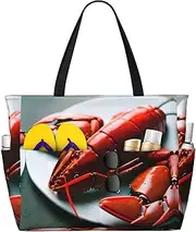 [Ghjkfbf] Lobster Print Large Capacity Beach Travel Bag For Family, Beach Tote Bag For Women With Zipper Pockets, Black, One Size
