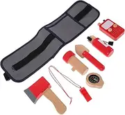 HANABASS 1 Set Children's Fireman Costume with Realistic Firefighter Tools Wooden Playset with Tool Belt Fire Extinguisher Toy and Accessories for Toddler Role Play