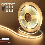 [Clearhill] 12V COB LED Strip Lights with 5521DC Female and red+Black Wire Connectors(No Power Supply),16.4FT/5M,Warm White 3000K,320LEDs/M,8mm Width,CRI90,Electroplated Double-Sided Panel,10W/M,IP20