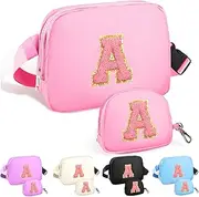 [sawgos] Birthday Gifts for 4 5 6 7 8 9 10 11 12 13 Year Old Girls, Crossbody Bags Fanny Pack with Initial Letter Patch Cute Stuff for Women Girls Teens, Pink, Medium, A