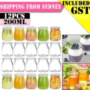 12X 200ML Clear Glass Pudding Jar For Yogurt Parfait Jam Honey Spices + Lid Caps