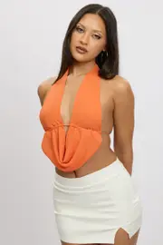 Orange Halter Top Sleeveless Loop Design Open Back - Size 10S, Women's Cami
