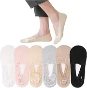 [sdhiiolp] 6 Pairs Women No Show Sock Cotton Non-slip Lace Ankle Socks Invisible Breathable Ultra Low Cut Liner Sock with Silicone Strips for Sneakers Loafers and High-heel Shoes, Black Grey Nude Pink White,
