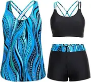 [Holipick] 3 Piece Tankini Swimsuits for Women Tummy Control Bathing Suits Swim Tank Top with Bra Boy Shorts Teen Swimwear