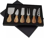 Oak Handle Cheese Knife Gift Set, 6 Pieces, Family Party Baking Tool with Cutting Slicer, Shovel, Fork