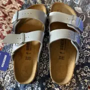 Birkenstock Arizona Silver Metallic Slide Sandals Women’s 39 US 8 Cork Footbeds