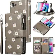 UEEBAI Wallet Case for iPhone SE 2022 5G/iPhone 7/iPhone 8/iPhone SE 2020, Premium PU Leather Pocket Magnetic Handbag Zipper Cover Kickstand Card Slots Flip Case for iPhone SE3/SE2 - Daisy Grey