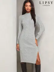 Lipsy Grey Longline Side Split Cable Knitted Dress (AH8232) | $95