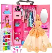 Barwa 73 Accessories for 11.5 Inch 28-30 CM Girl Doll: 1 Fashion Closet Wardrobe + 1 Shoe Rack + 16 Dresses Clothes + 10 Pcs Shoes + 10 Hangers + 6 Necklace + 6 Crowns + 23 Accessories