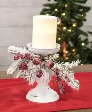 Snow Sprinkled Pine and Berry Holiday Christmas Piller Candle Holder