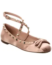 Valentino Rockstud Satin & Leather Ankle Strap Ballerina Flat