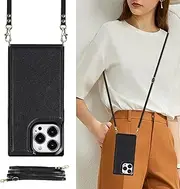 UEEBAI Crossbody Wallet Case for iPhone 14 Pro Max 6.7 inch, Kickstand with Adjustable Removable Lanyard Neck Strap Case RFID Blocking Case Card Holder Case Magnetic Clasp Cover Flip Case -Black