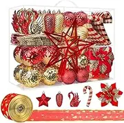 128Pcs Shatterproof Christmas Baubles Ornaments Set, Red & Gold, Christmas Flowers, Tree Topper, Hanging Decorations for Xmas Tree, Holiday, Wedding Party