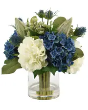 Creative Displays Blue & White Hydrangeas, Thistle, Cactus & Protea in Glass Vase NoSize