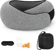 [DULCE DOM] Travel Neck Pillow, Memory Foam Travel Neck Pillow for Airplanes, 360° Support Stowable Pillows for Sleeping, Airplane Travel Kit with 3D Contoured Eye Masks, Earplugs, and Storage Bag (Grey)